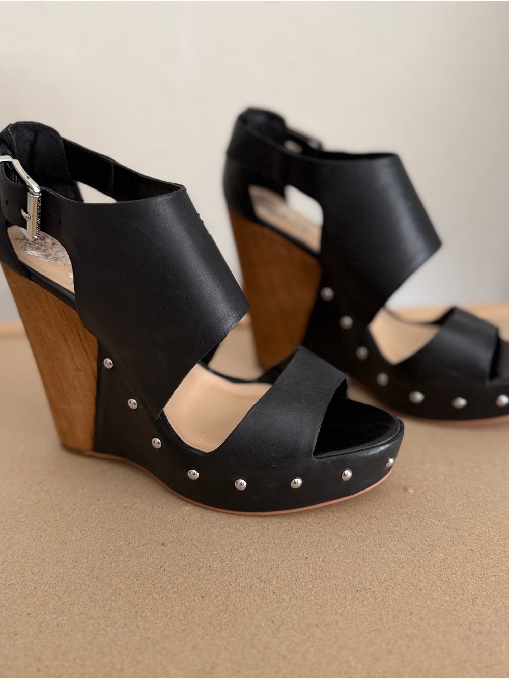 Vince Camuto (MATTA style) Black Studded Wood-Look Wedge Sandals
